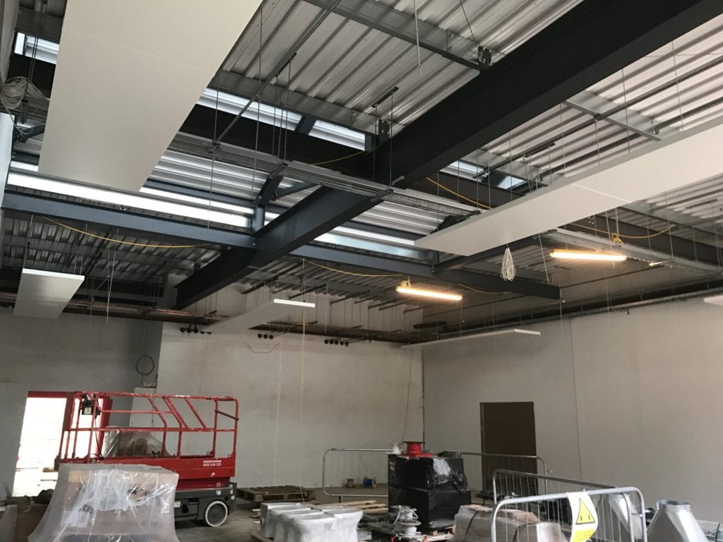Solray Free Hanging Panels being installed at The Future Skills Centre in Bordon