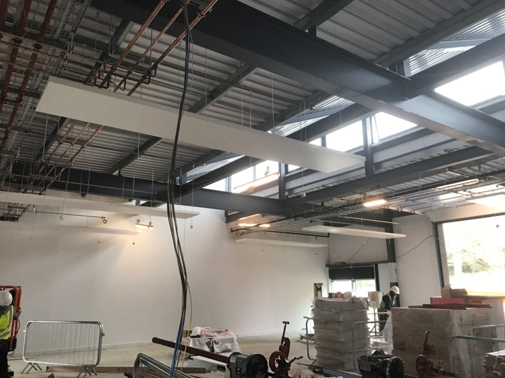 Solray Free Hanging Panels being installed at The Future Skills Centre in Bordon